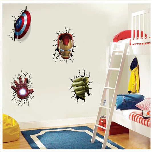 Cartoon Broken Avenger Wall Stickers – 3D Superhero Mural for Kids Room