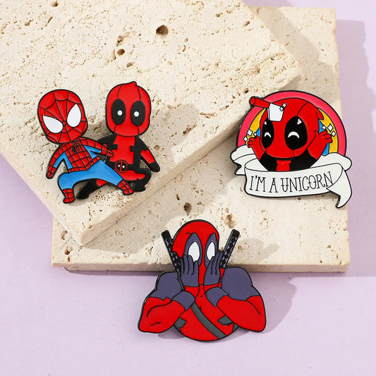 Kawaii Superhero Deadpool &amp; Wolverine Enamel Pins – Marvel Spiderman Metal Brooch for Fans