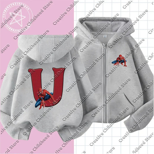 Spiderman Letter A-Z Girl Boy zipper hoodie Marvels Children Pullover Kawaii Cartoons sweater Kid Little Baby Casual Clothes Top