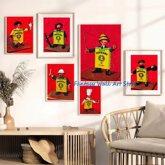 Vintage Matchbox Poster Canvas Art – Fisherman, Chef, Policeman, Guitar Player, Soldier Retro Wall Decor