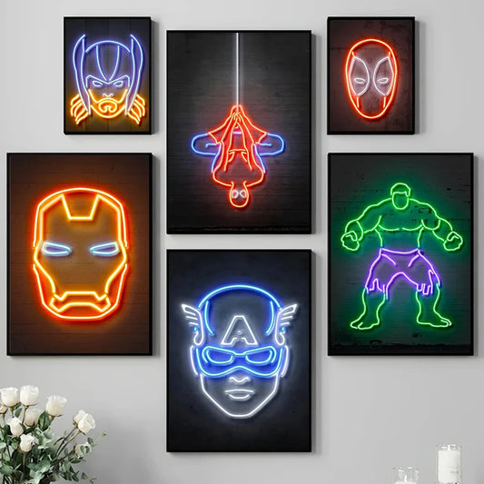 MINISO Disney Neon Marvel Superhero Wall Art – Spider-Man, Iron Man, Captain America Canvas Poster