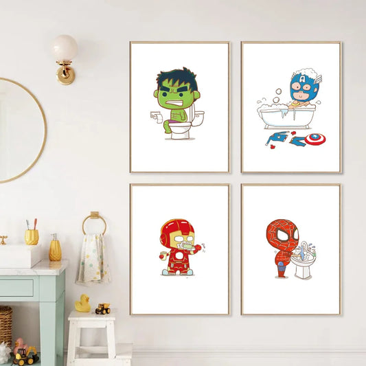Marvel Superhero Bathroom Wall Art – Spider-Man &amp; Iron Man Funny Canvas Poster