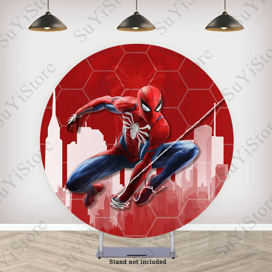 Superhero Spider-Man Round Photo Backdrop Cover – Elastic Photography Background for Boys' Birthday Party
