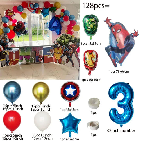 128pcs Marvel Superhero Party Decorations – Spider-Man, Iron Man, Captain America &amp; Hulk Foil Balloon Set
