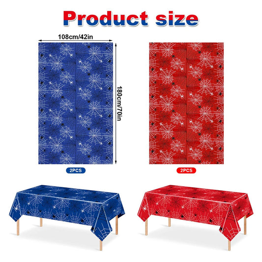 4Pcs Spider-Themed Party Tablecloth Set – 70x42 Inch Red &amp; Blue Plastic Table Covers with Web Design