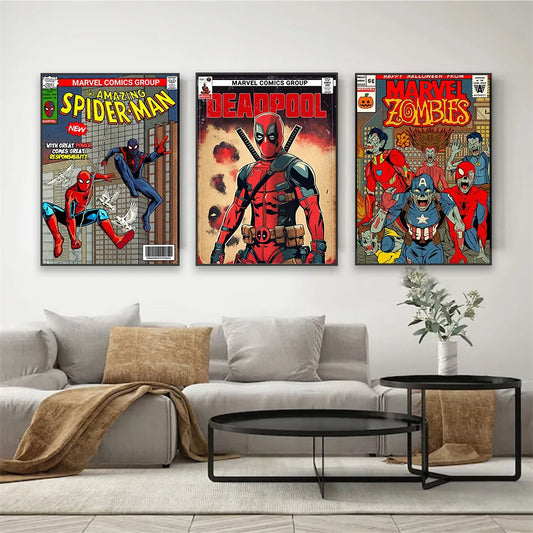 Vintage Marvel Superhero Poster – Wolverine, Deadpool &amp; Avengers Canvas Art