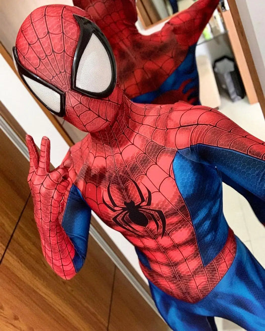 Classic Peter Parker Spider-Man Costume – 3D Printed Big Lens Cosplay Bodysuit for Adults &amp; Kids