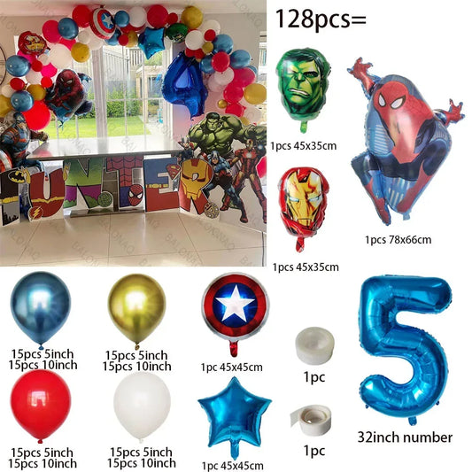 128pcs Marvel Superhero Party Decorations – Spider-Man, Iron Man, Captain America &amp; Hulk Foil Balloon Set