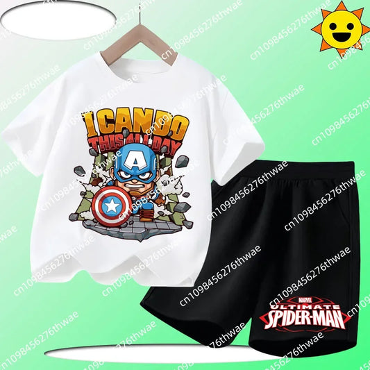 2025 Marvel Kids Short-Sleeved 2-Piece Set – Super Soldier Cartoon Print Summer Outfit for Boys &amp; Girls