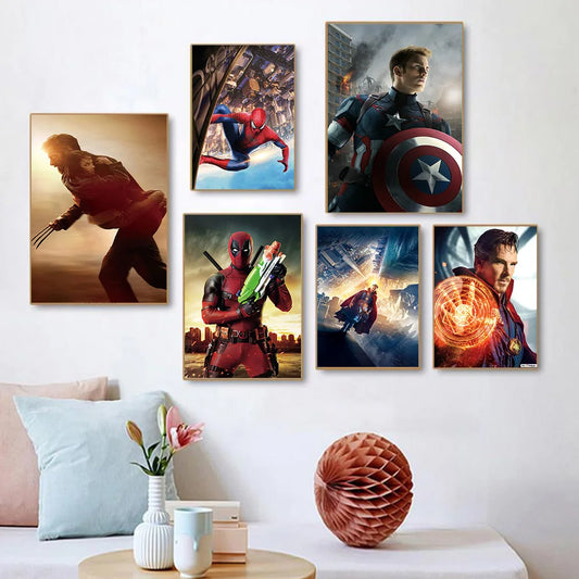 MINISO Marvel Superheroes Canvas Art – Spider‑Man, Iron Man &amp; Hulk Wall Mural Poster