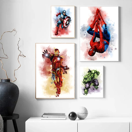 MINISO Marvel Avengers Watercolor Canvas Posters – Home Wall Art Prints featuring Spiderman, Iron Man &amp; Hulk