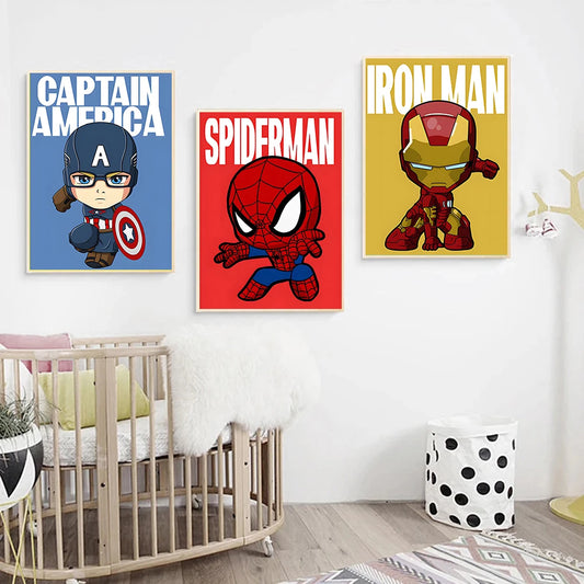 Cartoon Marvel Superhero Poster – Spider-Man, Iron Man &amp; The Avengers HD Canvas Wall Art for Kids Room