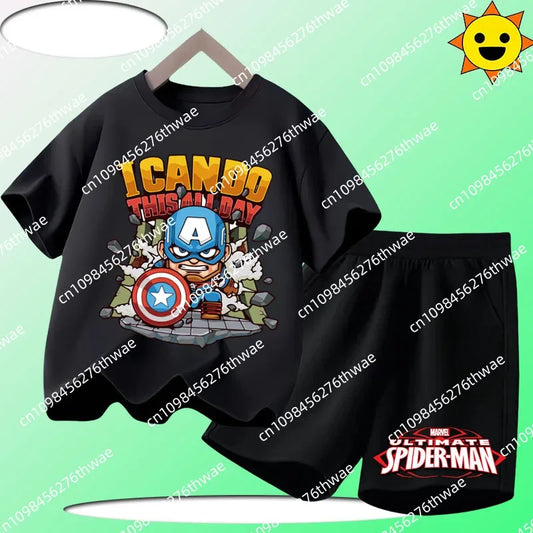 2025 Marvel Kids Short-Sleeved 2-Piece Set – Super Soldier Cartoon Print Summer Outfit for Boys &amp; Girls