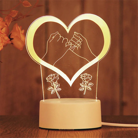 Romantic 3D LED Lamp – Warm White Acrylic Night Light for Bedroom &amp; Kids' Decoration