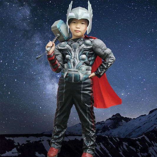 Superhero Kids Muscle Thor Costume with Hammer – Avengers Cosplay Outfit for Boys